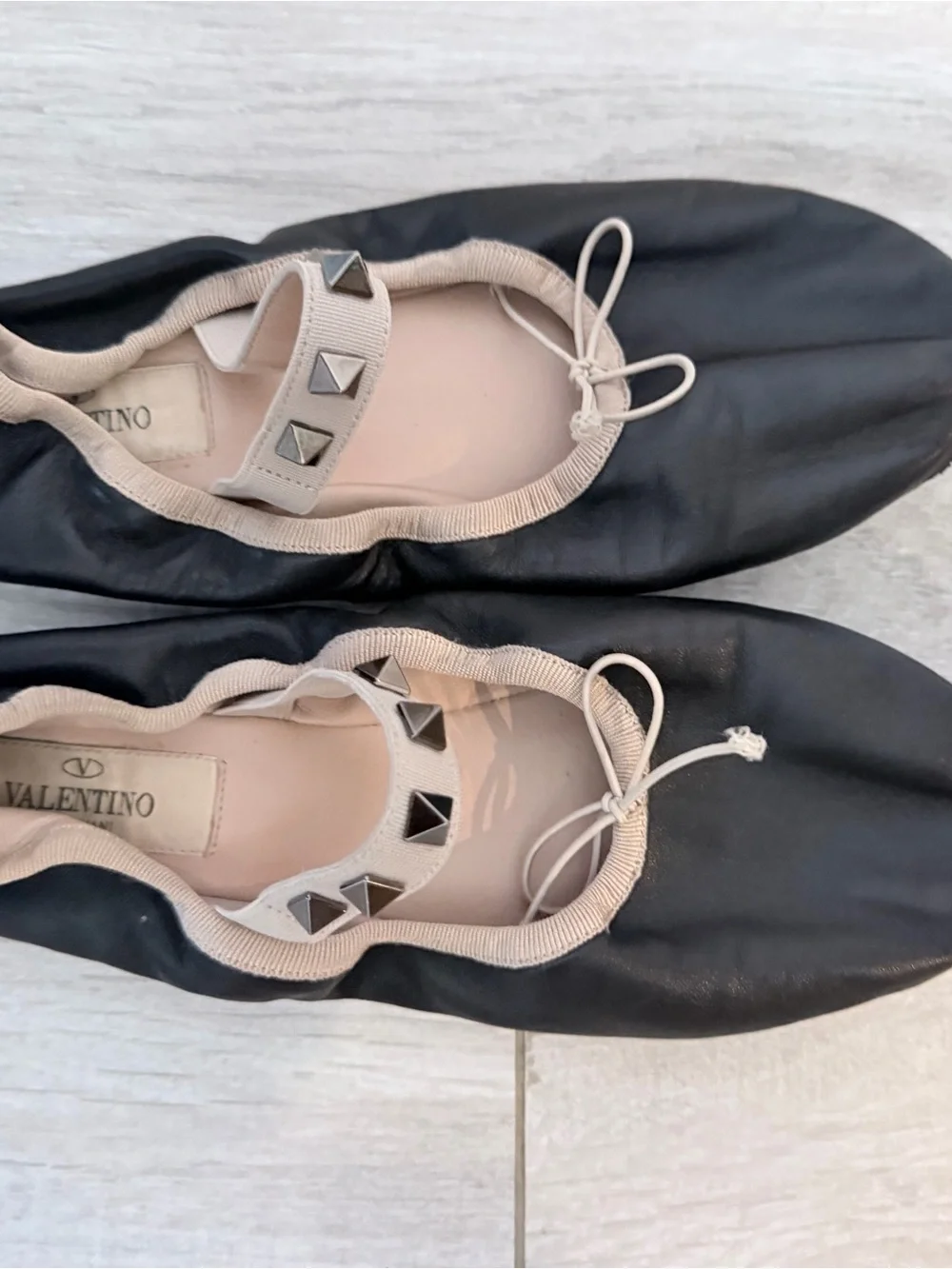 Valentino Black Ballet Flats with Beige Trim and Pyramid Stud Strap